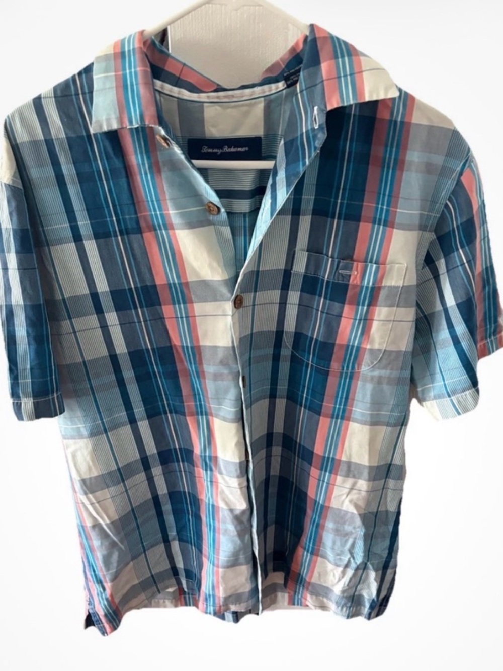 Tommy Bahama Men's Cotton & Silk Blend Medium Blue Pink Plaid Button Up Shirt